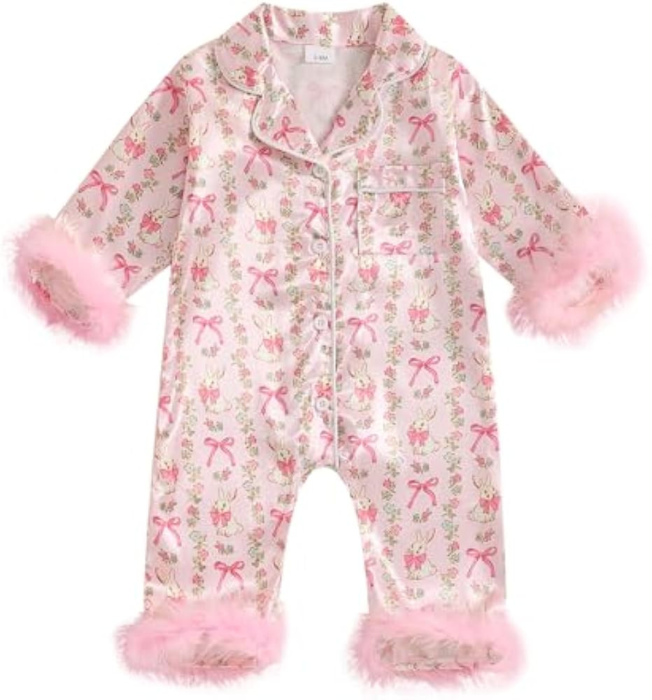 woshilaocai Baby Girl Button Down Romper Bow Strawberry Fuzzy Cuff Long Sleeve Jumpsuit Spring Su... | Amazon (US)