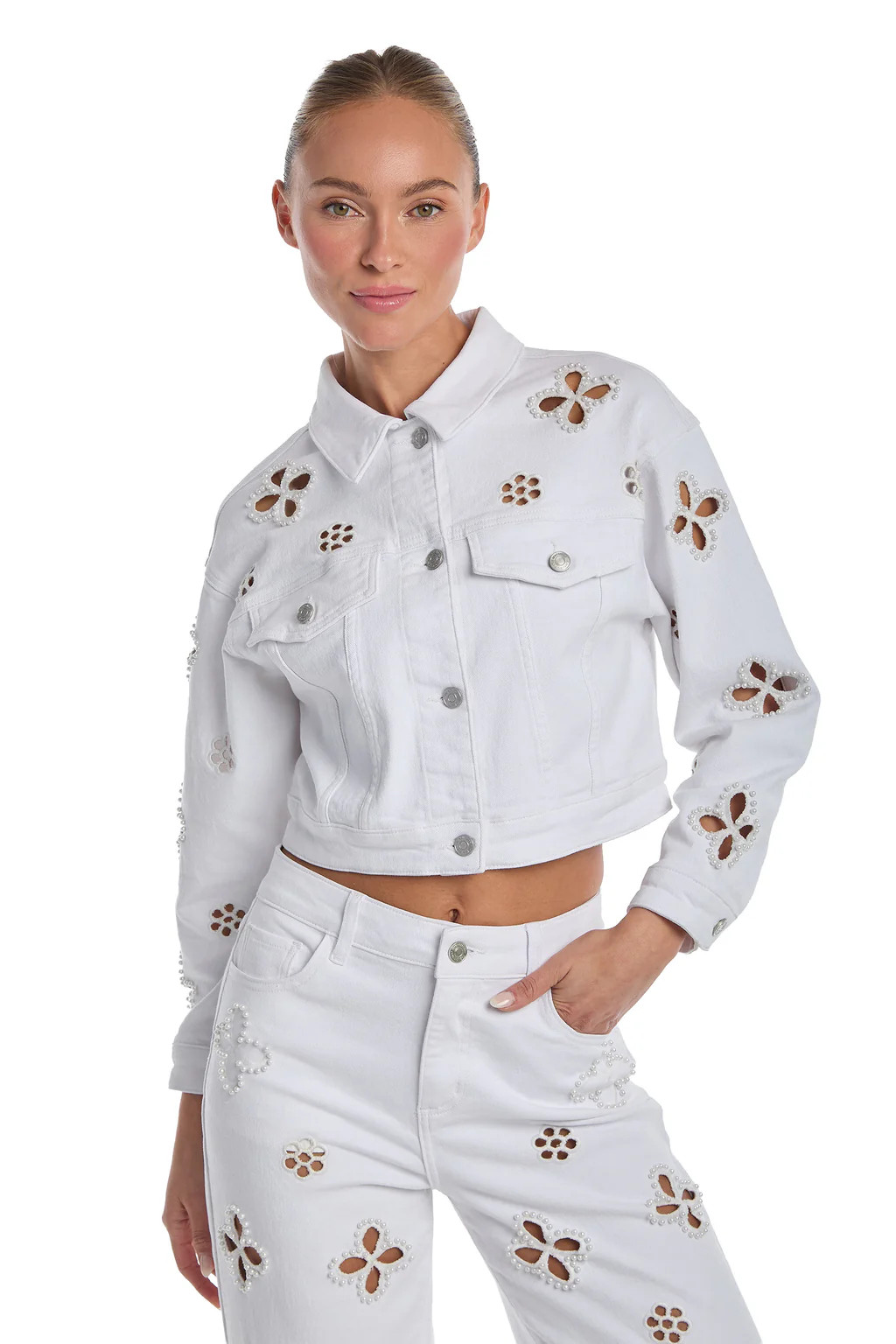 Kaia Pearl Jean Jacket - White | The Noli Shop