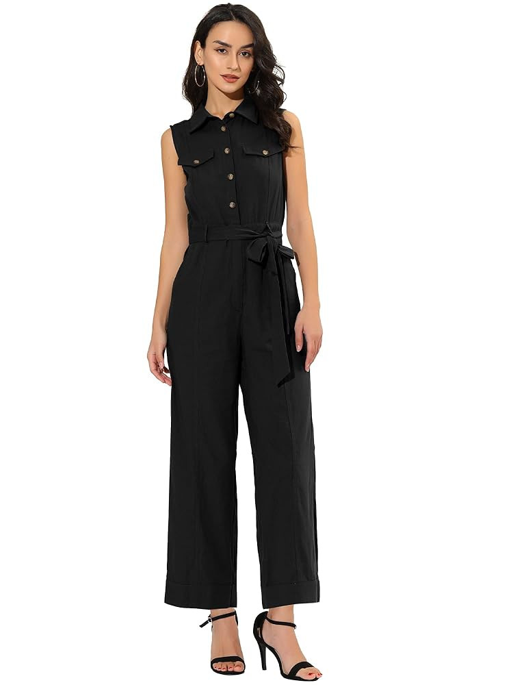 Allegra K Women's Wide Leg Jumpsuit 2024 Sleeveless Collared Tie Waist Coverall Button Down Cargo... | Amazon (US)