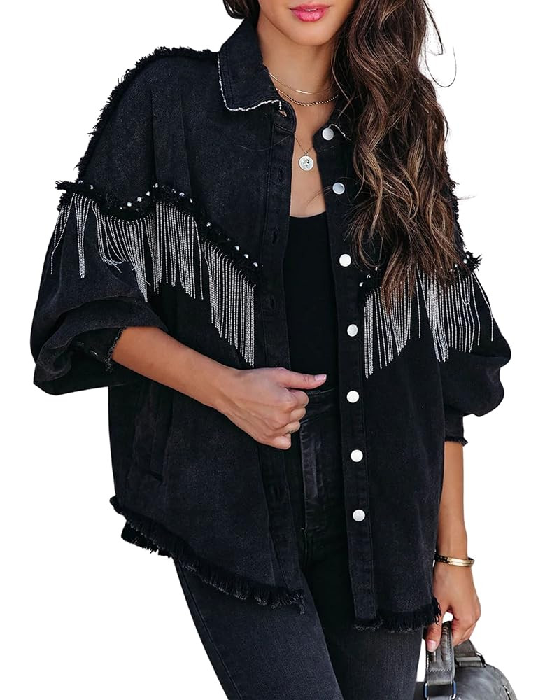 Daacee Oversized Fringe Denim Jacket for Women Frayed Sparkly Tassel Jean Shacket Cowgirl Western... | Amazon (US)