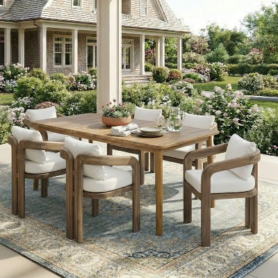 Christopher Knight Home Kesden 7 Piece Rustic Outdoor Acacia Wood Dining Set with Curved Backrest Chairs, Cream/Teak | Target
