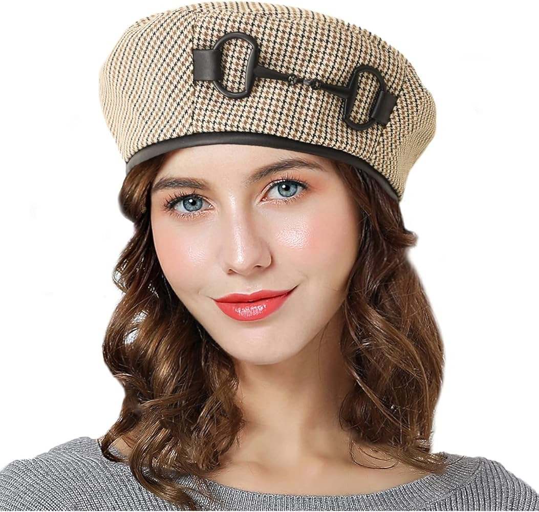 Women Classic Houndstooth Beret with PU Leather Edge, Chic Flat Artist Beanie Hats | Amazon (US)