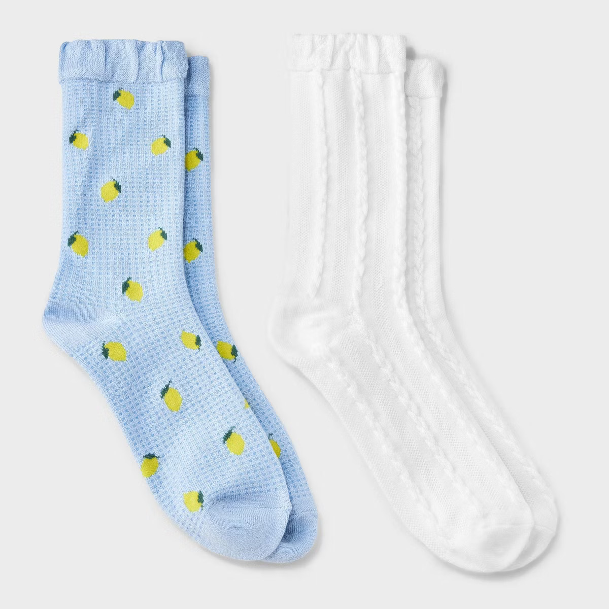 Women's Lemons 2pk Crew Socks with Ruffle Cuff - Auden™ Blue/White 4-10: Viscose Blend, Knit, M... | Target