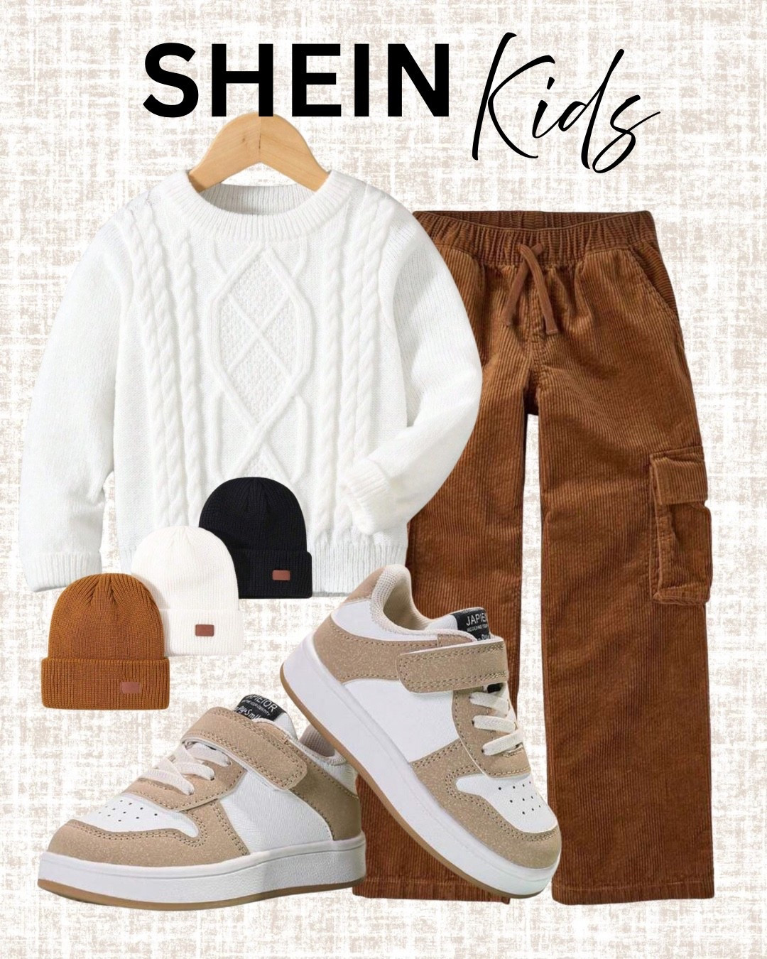 Cozy neutral toddler boy outfit 🍂🤎 Affordable SHEIN Kids fall style!
Obsessed with this cable knit sweater + corduroy cargo pants + velcro sneakers combo. Perfect for fall outfits, pumpkin patch photos, school, or family pictures. Comes in multiple colors + budget friendly ✅

Shop the full look below ⬇️

Keywords: toddler fall outfit, boys cargo pants, cable knit sweater for kids, neutral toddler outfit, affordable kids fashion, toddler sneakers, fall family photo outfits, boys beanie hat

#SheinKids #ToddlerBoyStyle #KidsOutfitIdeas #BoysFallFashion #ToddlerStyle #NeutralOutfits #AffordableKidsClothes #KidsWardrobe #LTKKids #LTKFall #LTKSaleAlert #KidsFashionFinds

#LTKSeasonal #LTKKids #LTKStyleTip