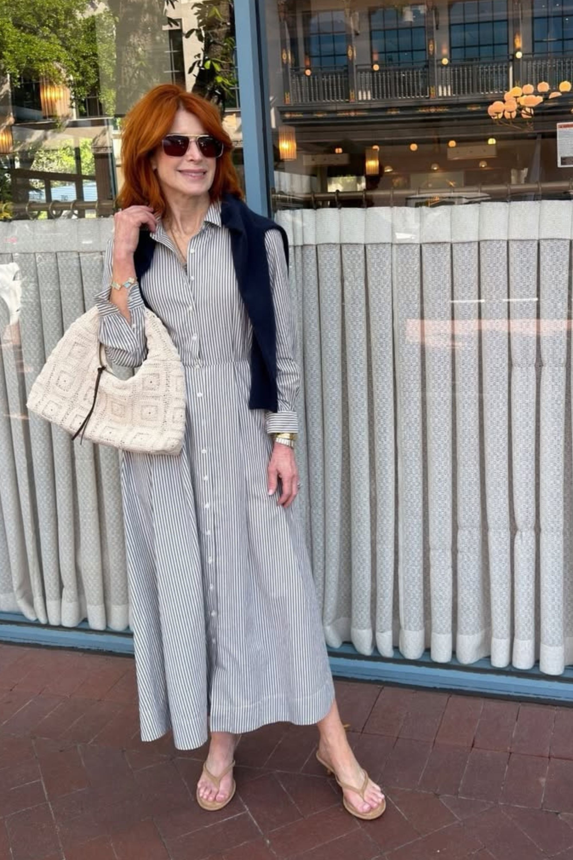 I love how this whole look comes together—from the striped dress to the soft cardigan and neutral accessories, it’s an effortless outfit you can wear anywhere this season. 

 #LTKootd #LTKSeasonal #LTKOver40