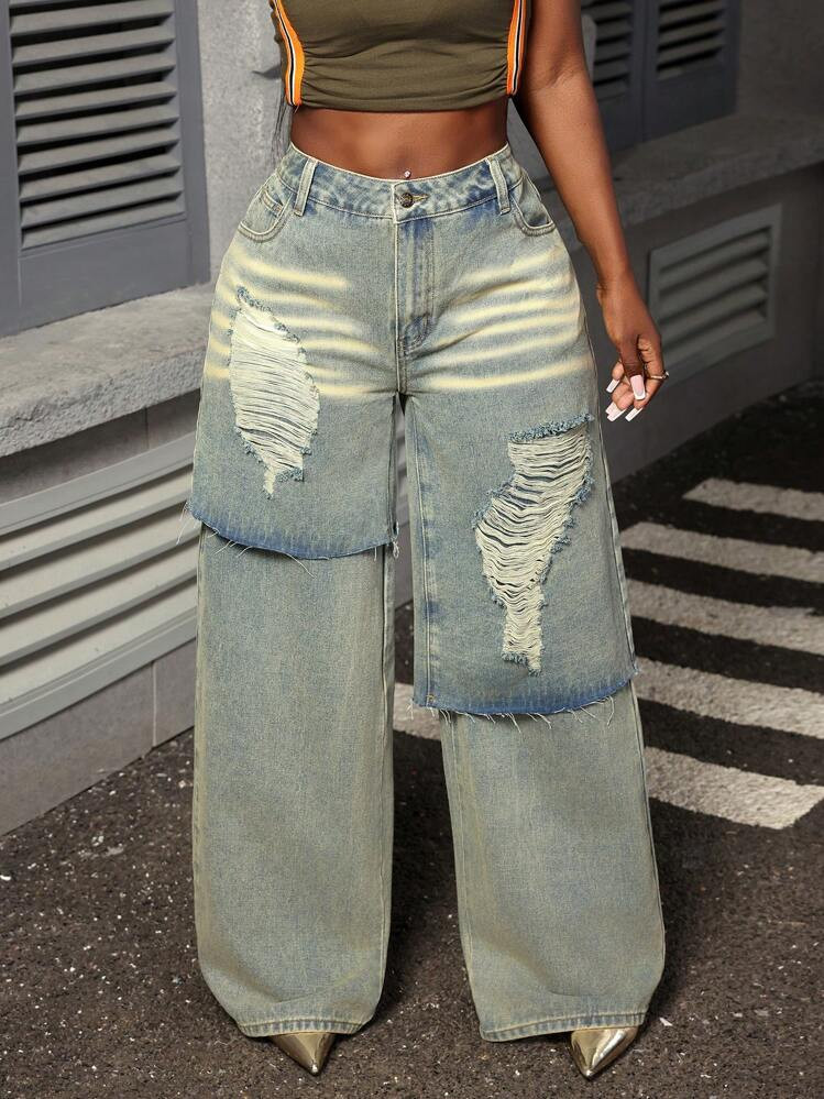 Slaydiva Women's Fashion Washed Distressed Loose Fit Flare Leg Jeans | SHEIN