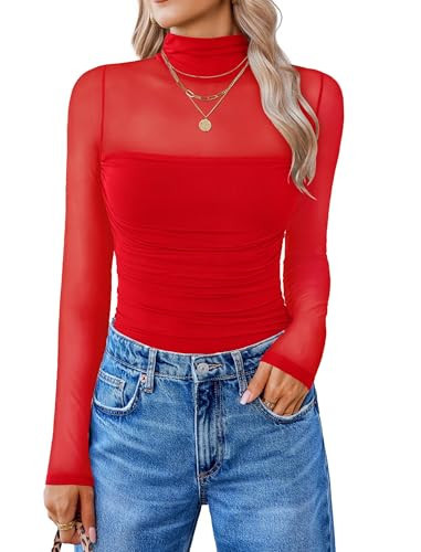 Avidlove Women Long Sleeve Mesh Bodysuit Mock Neck Body Suits Sheer Going Out Tops Christmas Outfits | Amazon (US)