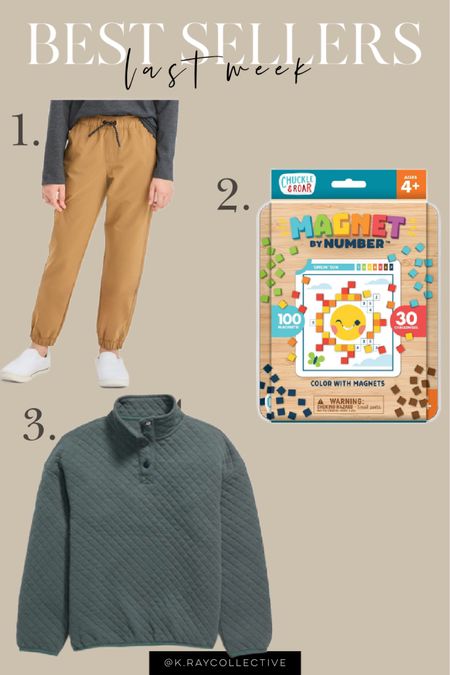 Here’s our three best selling items last week in the boys and kids department.  We love this quilted pullover. It comes in multiple colors and is perfect for spring.  The most worn jogger pants in our house.   A great travel game or on the go activity for ages 4+.

#BestSellers #Boys #Kids #TravelGames #TravelActivities #BoysOutfits #BoysSpringOutfits #BoysSpringOutfits 