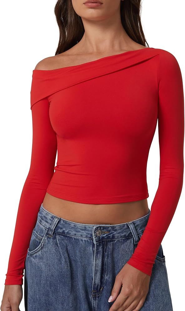 QINSEN Women Long Sleeve Off Shoulder Tops Trendy Double Lined Going Out Shirt for Fall | Amazon (US)