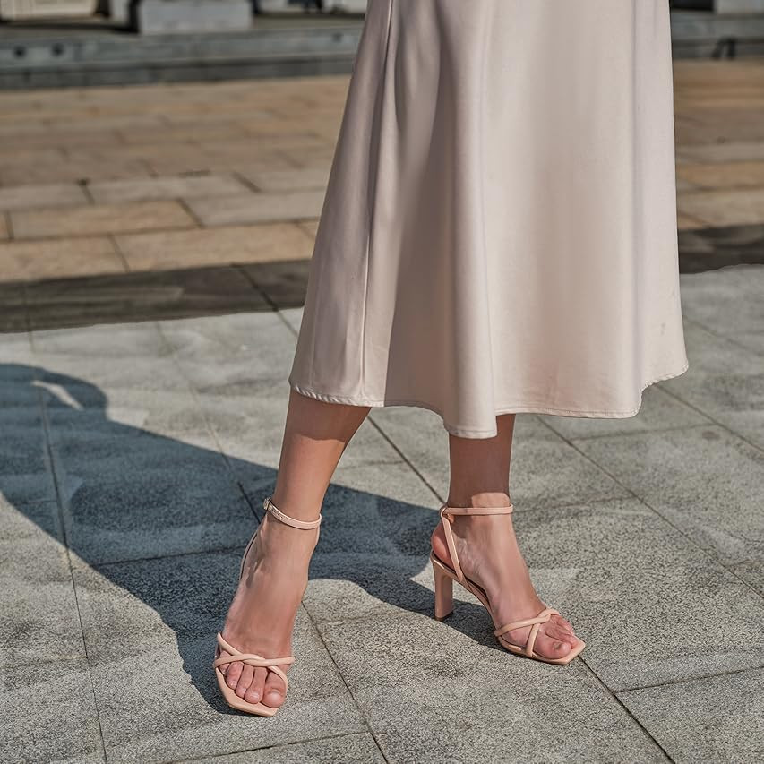Womens Sandals Square Open Toe Strappy Heels for Women Dressy Chunky High Heels Ankle Buckle Heeled Sandals for Women Comfort Wedding Prom Party Shoes | Amazon (US)