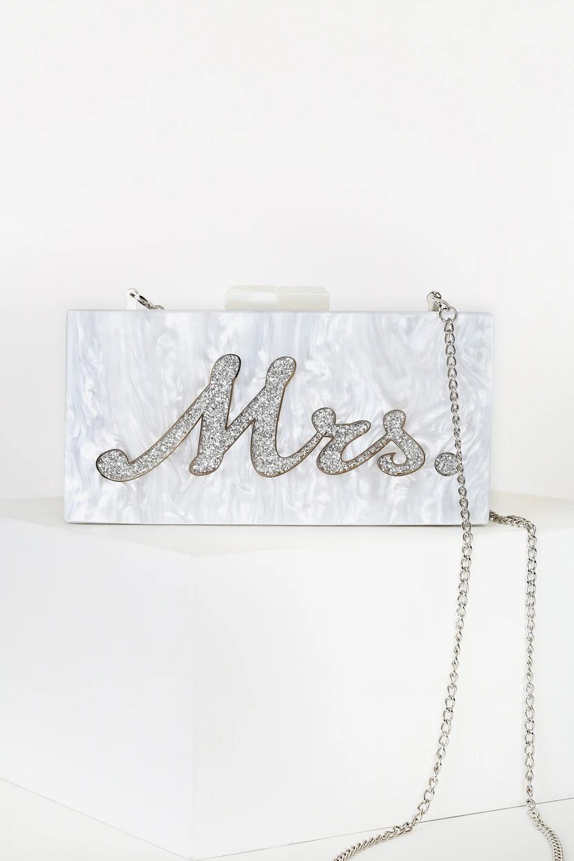 Mrs. Bridal White and Silver Glitter Acrylic Box Clutch | Lulus (US)
