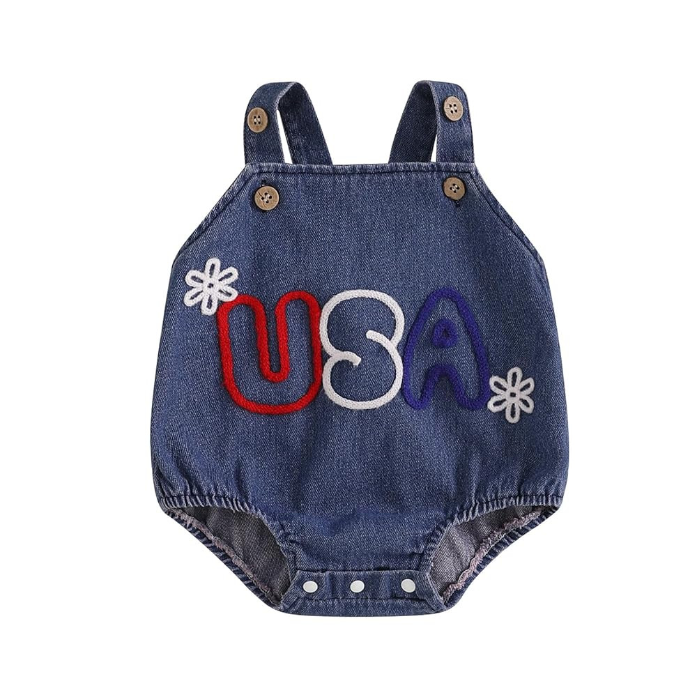 Infant Baby Girl 4th of July Outfits USA Denim Romper Sleeveless Strap Jean Bodysuit Patriotic Cl... | Amazon (US)