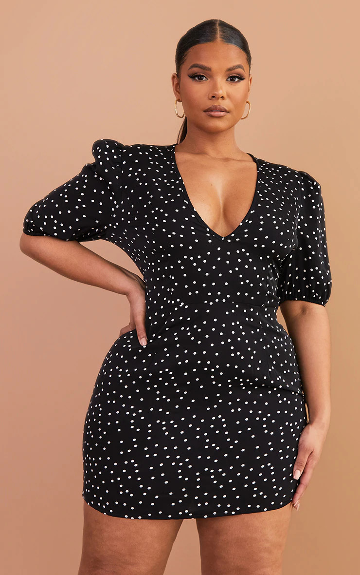 Plus Black Polka Dot Puff Sleeve Tea Dress | PrettyLittleThing UK