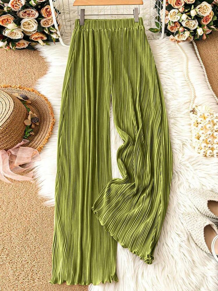 Omancia Solid Plisse Wide Leg Pants Fall Cloth For Women | SHEIN