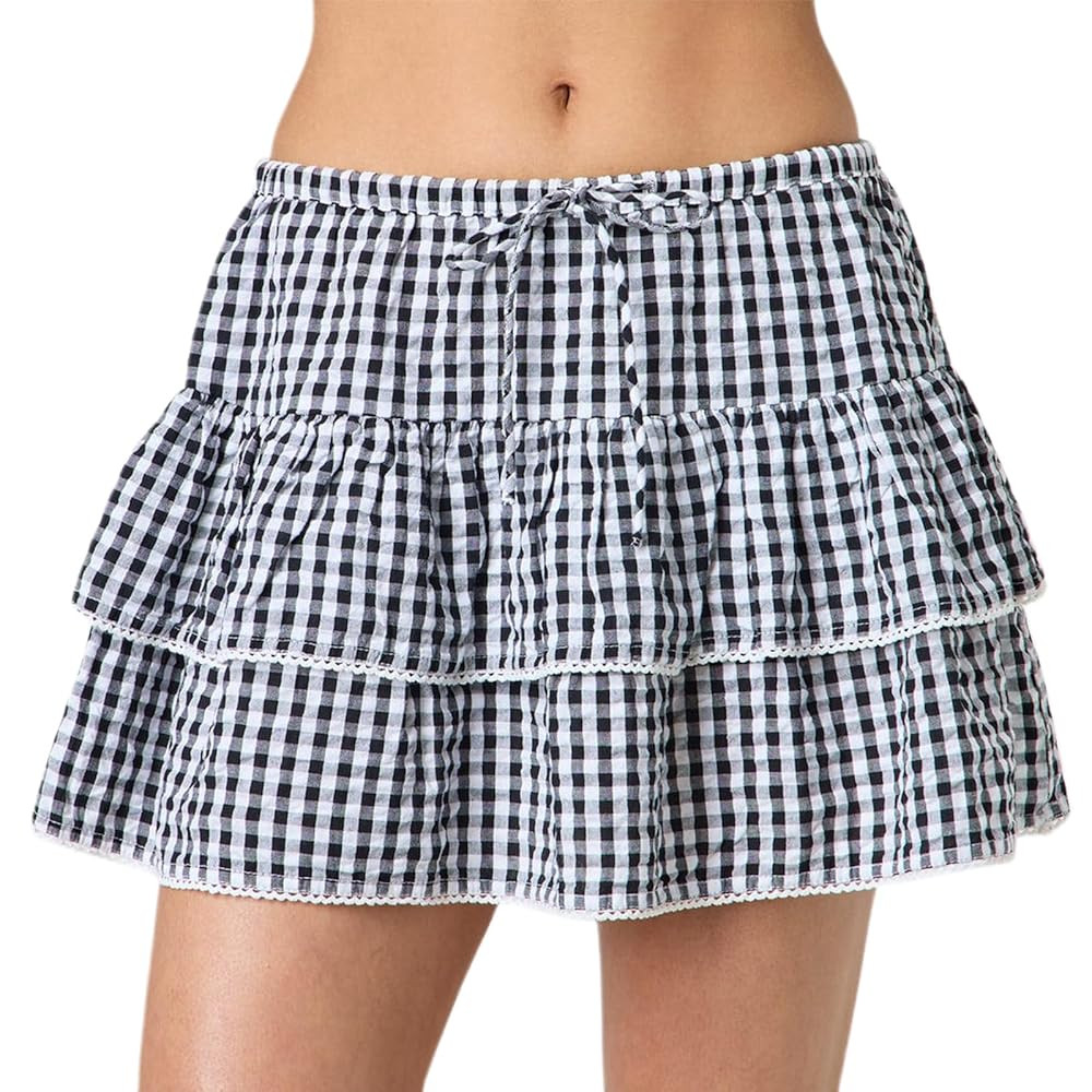 Women Y2k Gingham Plaid Mini Skirt Lace Trim Smocked Waist Ruffle Short Skirts A Line Layered Ple... | Amazon (US)
