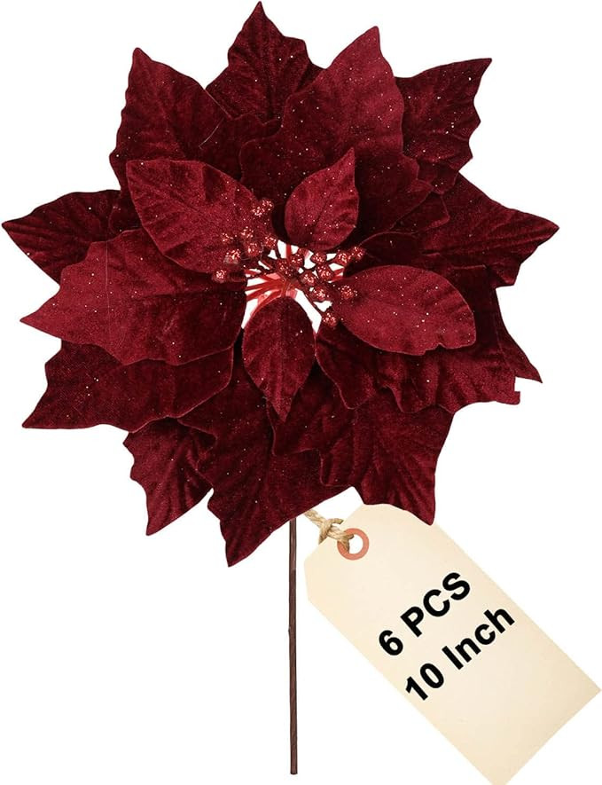 vensovo 10 Inch Poinsettia Flowers for Christmas Tree - 6PCS Deep Red Christmas Flowers Artificia... | Amazon (US)