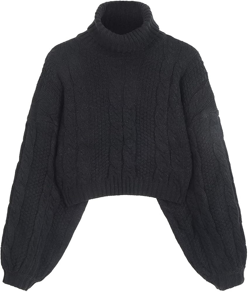 ZAFUL Women's Cropped Turtleneck Sweater Lantern Sleeve Ribbed Knit Pullover Sweater Jumper | Amazon (US)