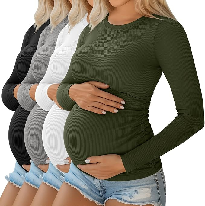 Ficerd 4 Pack Women's Maternity Shirts Cotton Long Sleeve Ribbed Crew Neck Pregnancy Tops Side Ru... | Amazon (US)