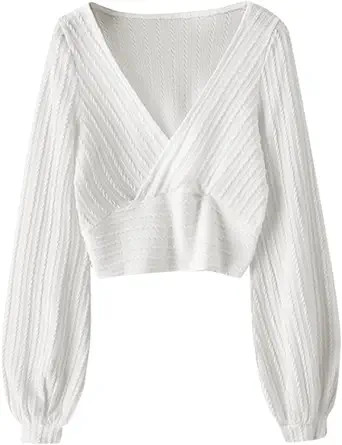 ZAFUL Women's Pullover Ribbed Cropped Knitwear Drawstring Ruched Knitted Crop Top Solid V-Neck Lo... | Amazon (US)