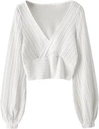 ZAFUL Women's Pullover Ribbed Cropped Knitwear Drawstring Ruched Knitted Crop Top Solid V-Neck Lo... | Amazon (US)