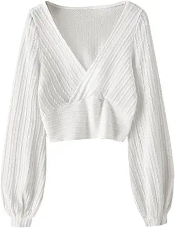 ZAFUL Women's Pullover Ribbed Cropped Knitwear Drawstring Ruched Knitted Crop Top Solid V-Neck Lo... | Amazon (US)