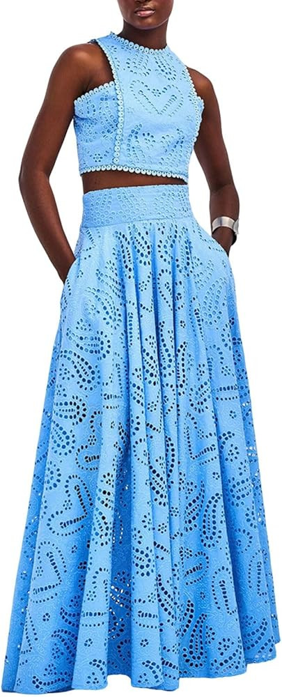 utcoco Womens 2025 Summer Eyelet Lace Embroidered Two Piece Sleeveless Hollow Out Vests Maxi Skir... | Amazon (US)