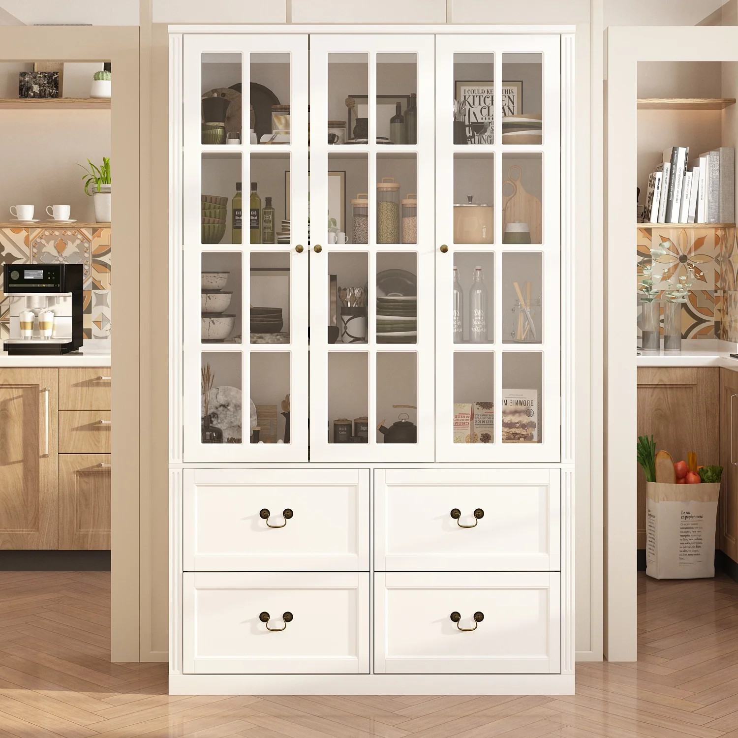 OXYLIFE Kitchen Pantry Cabinet with 4 Drawes, 3-Door Display Storage Cabinet with Adjustable Shel... | Walmart (US)