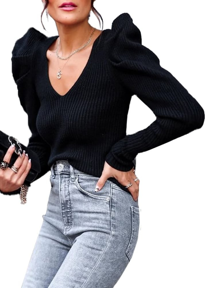 PRETTYGARDEN Women's Rib Knit Pullover Sweater Casual Long Puff Sleeve V Neck Solid Color Jumper Blo | Amazon (US)