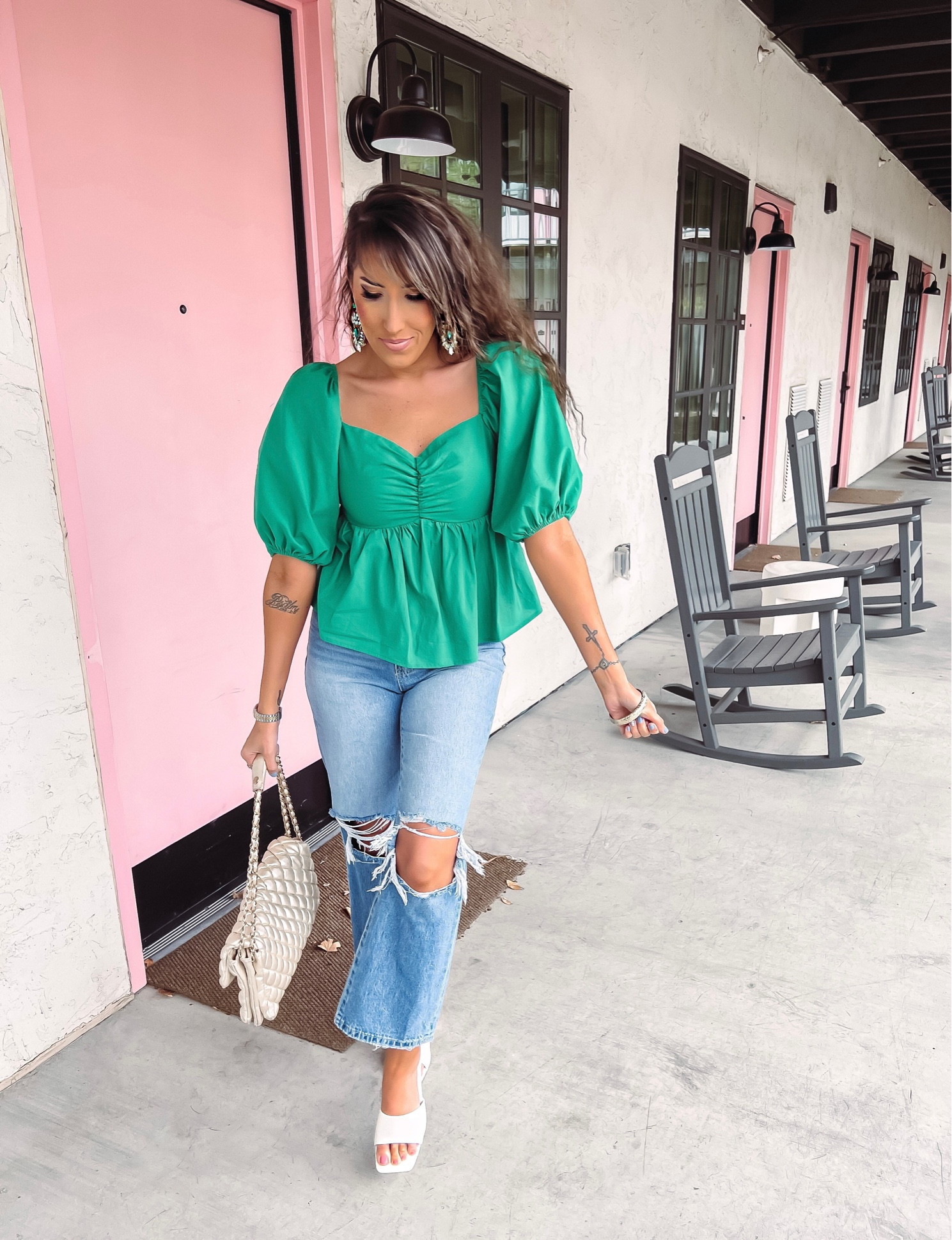 Green peplum top. Peplum top. Puffy sleeve top. Green gem earrings. Rhinestone earrings. St. Patrick’s Day look. 

#LTKstyletip #LTKsalealert #LTKFind