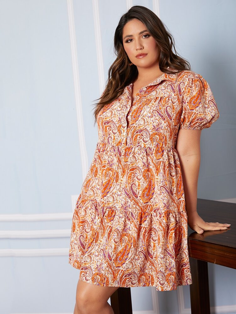 SHEIN Plus Paisley Print Puff Sleeve Ruffle Hem Dress | SHEIN