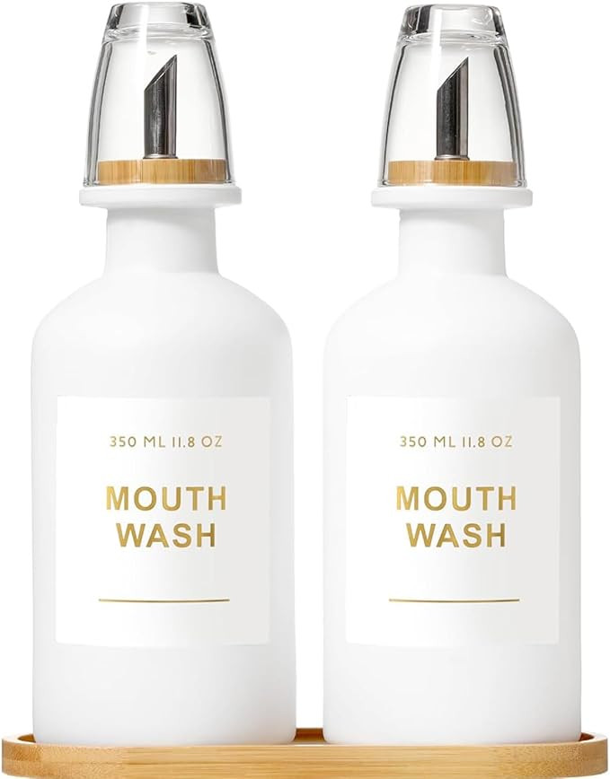 11.8OZ Mouthwash Dispenser for Bathroom with Bamboo & Stainless Steel Pour Spout, Mouthwash Cups ... | Amazon (US)