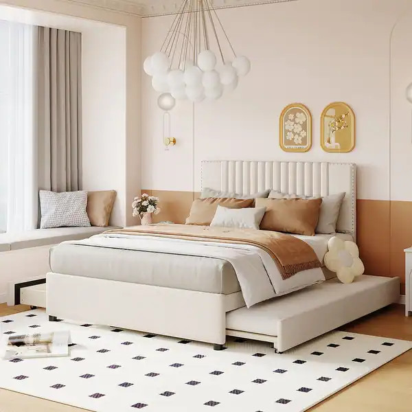 Linen Upholstered Platform Bed with 2 Drawers and Trundle,Queen/Full Size - Beige - Full | Bed Bath & Beyond