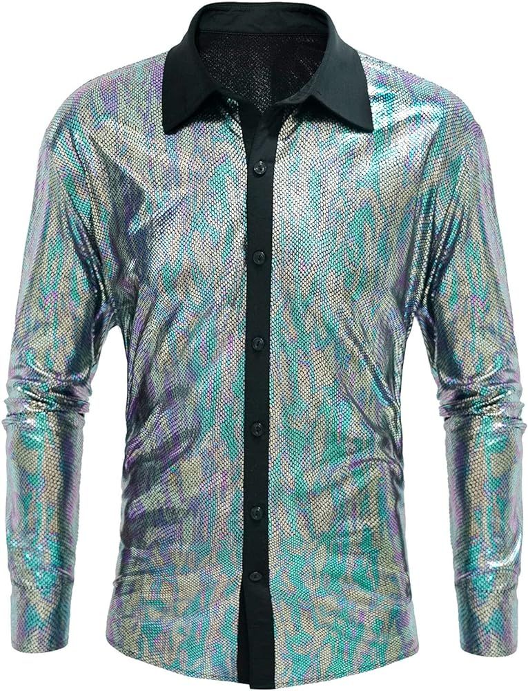Men's 70s Disco Shirt Sequin Long Sleeve Button Shirts Shiny Prom Party Costume | Amazon (US)