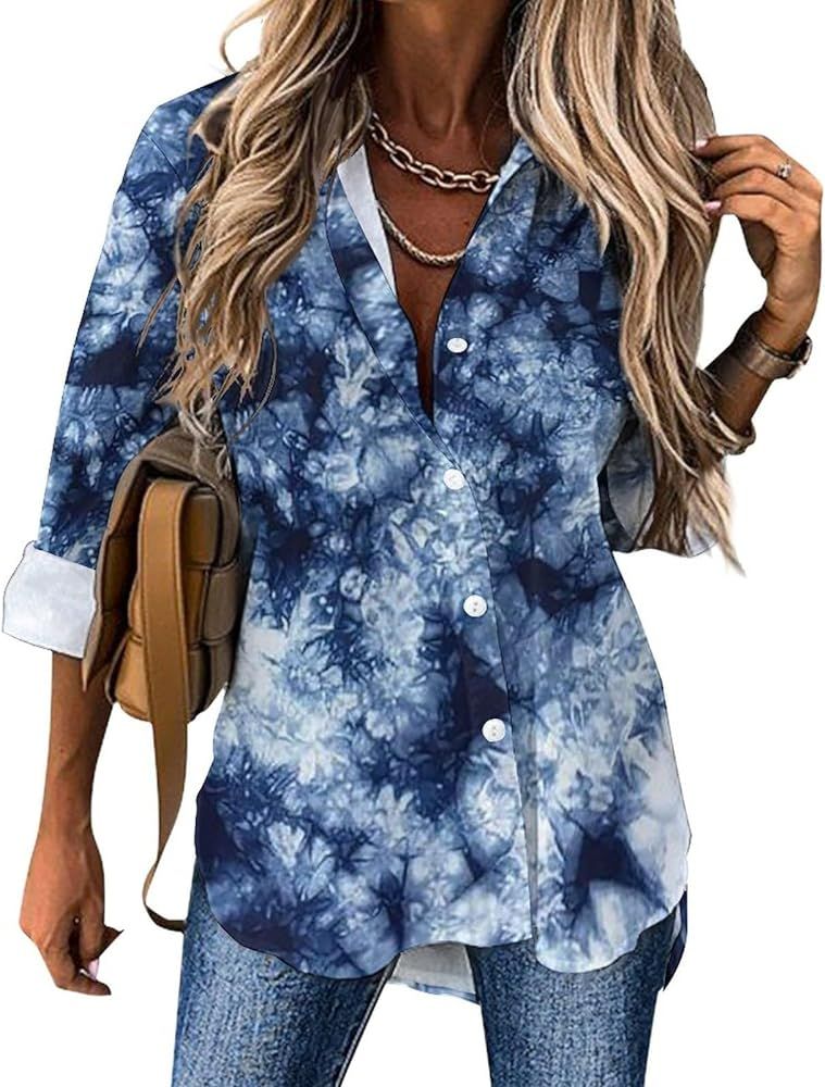 Women's Button Down Shirts Casual Hawaiian Giraffe Flower Shirts Long Sleeve Loose Fit Fashion St... | Amazon (US)