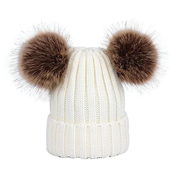 wanture Women's Winter Knit Beanie Hat, Girls Knitted Fur Hat with Double Faux Fur Pom Pom Ears | Amazon (US)