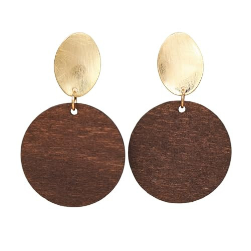 Boho Gold and Wood Dangle Earrings for Women – Geometric Oval and Wooden Disc Drop Earrings – Lightweight Statement Jewelry | Amazon (US)