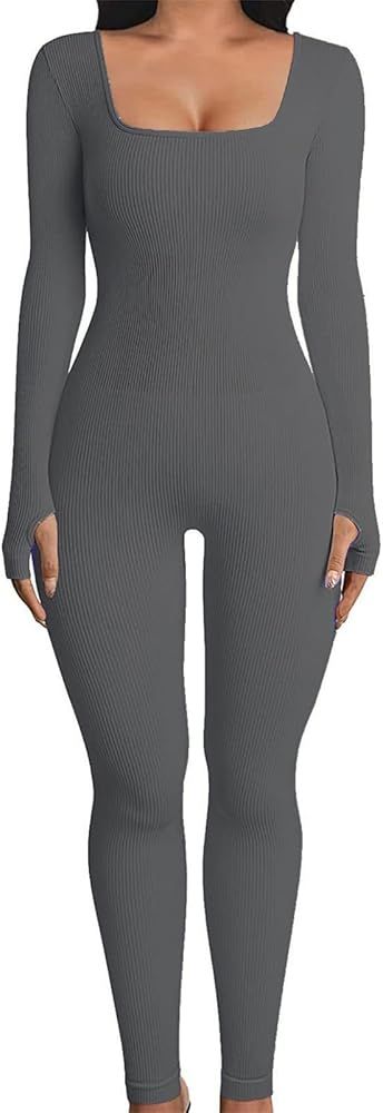 Long Sleeve Jumpsuit for Women Sexy Square Neck Bodysuit One Piece Ribbed Overall Romper Seamless... | Amazon (CA)