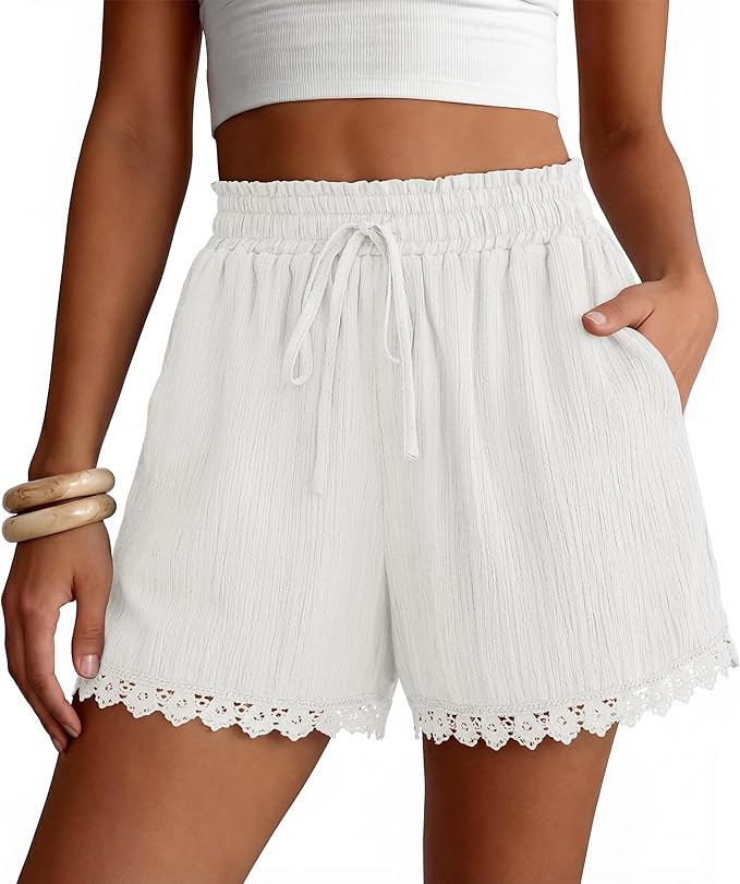 ZESICA Women's Summer Beach Vacation Shorts 2026 Cute Elastic Drawstring Waist Lace Trim Wide Leg... | Amazon (US)