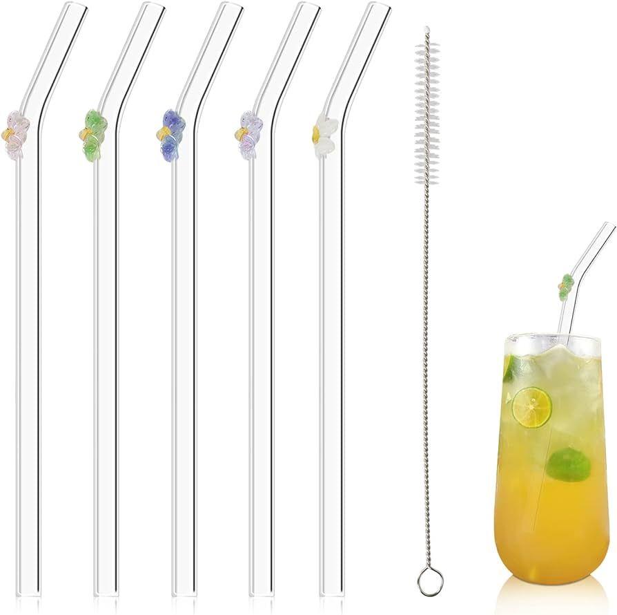 5 Pcs Reusable Straws Clear Glass Straws Colorful Flower Design Size 7.8" x 8mm with 1 Cleaning B... | Amazon (US)