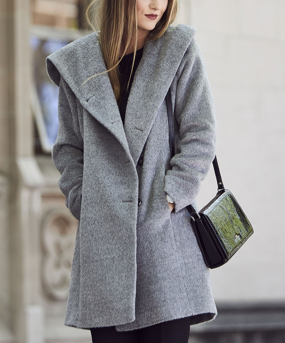 Cole Haan Women's Car Coats [GRY]GREY - Gray Lapel Hooded Wool-Blend Coat - Women | Zulily