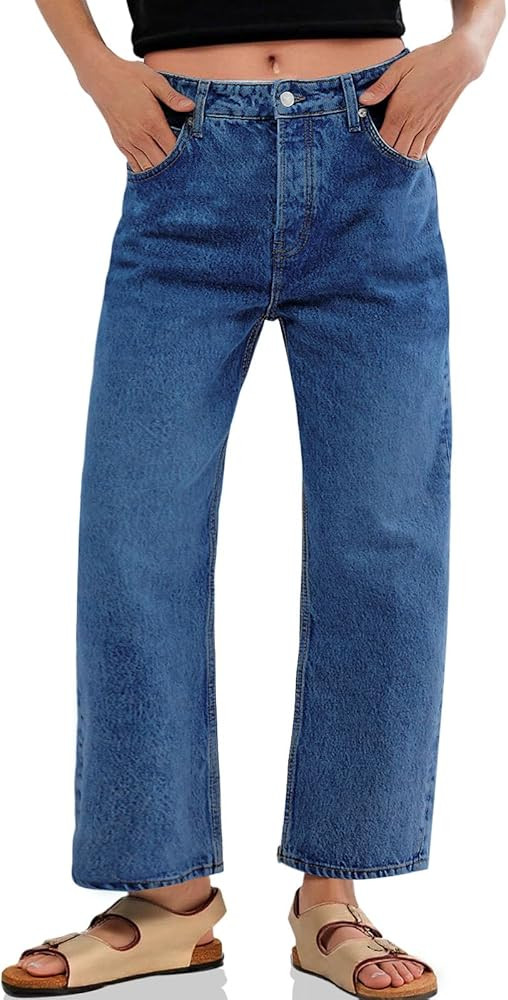 Cicy Bell Womens Baggy Horseshoe Jeans Boyfriend Wide Leg Vintage Mid Rise Cropped Denim Pants | Amazon (US)
