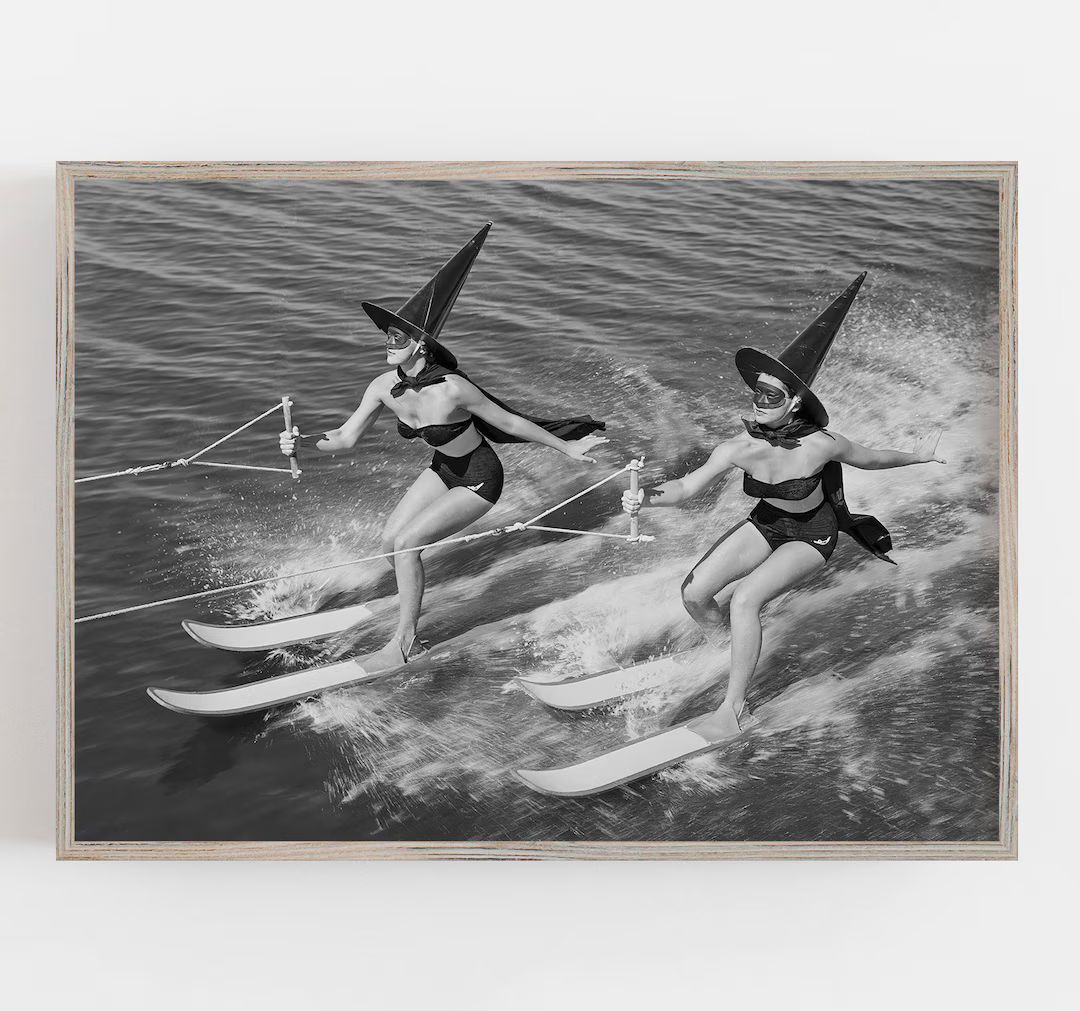 Waterskiing Witches, Halloween Wall Art, Black and White Art, Vintage Wall Art, Funny Wall Art, D... | Etsy (US)