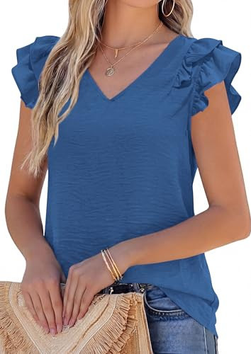 PRETTYGARDEN Blouses for Women Dressy Casual Summer Going Out Tops 2026 Spring Business Work V Neck Ruffle Cap Sleeve Shirts (Blue,XX-Large) | Amazon (US)