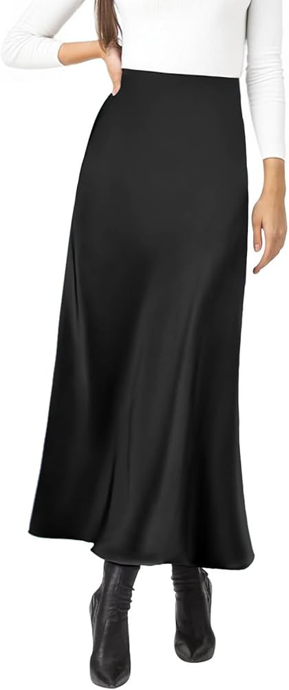 Women's Satin Silky High Waist Maxi Skirt Elegant Elastic Waistband A Line Long Skirts | Amazon (US)