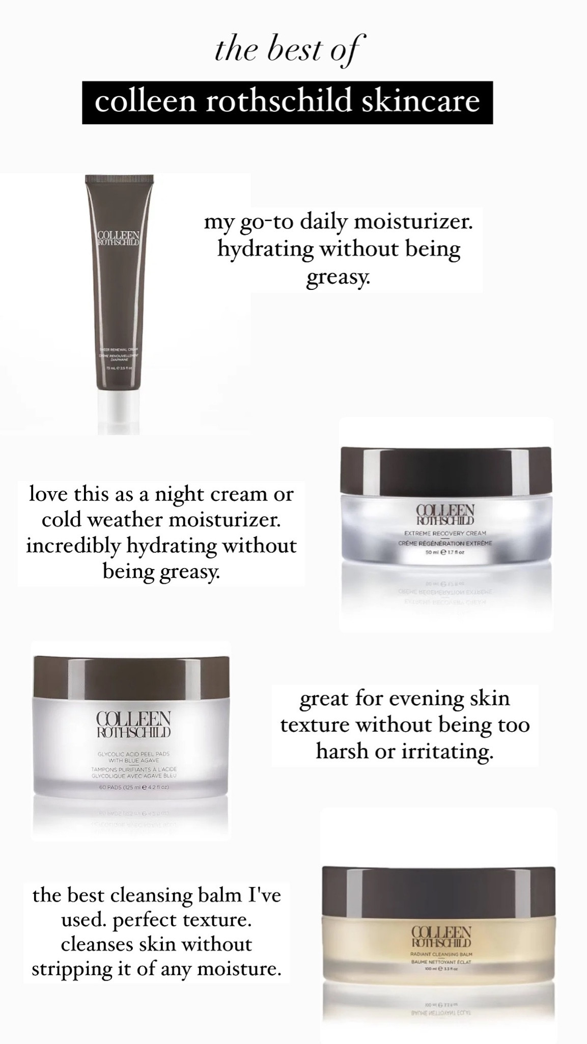 The best skincare for every skin type (I'm normal to dry but can be combination in Florida warm weather). Use code ASHLEYBROOKE20 to save 20% off on your @colleenrothschild purchase! These are my top picks from Colleen Rothschild for a daily moisturizer, night cream, exfoliating pads, and cleansing balm. #CRPartner

#LTKGiftGuide #LTKBeauty #LTKSaleAlert