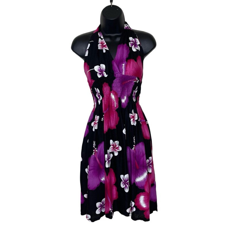 Vtg Black Pink Hibiscus Flower Halter Dress Hawaiian Y2K Babydoll Fairy Sz M | Etsy (US)