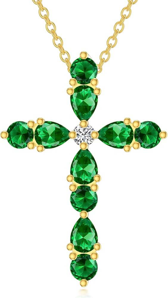 Emerald Necklaces for Women 18K Gold Plated Silver Cross Green Emerald Pendant Necklaces, May Bir... | Amazon (US)