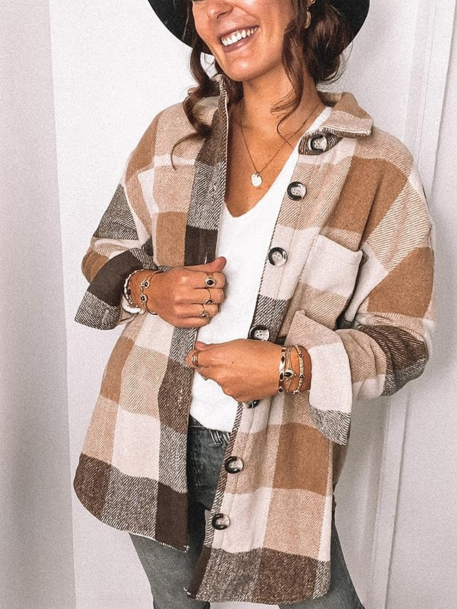 Peaceglad Women's Lapel Long Sleeve Plaid Shirt Pocket Jacket Shacket Casual Button Cardigan Jacket  | Amazon (US)