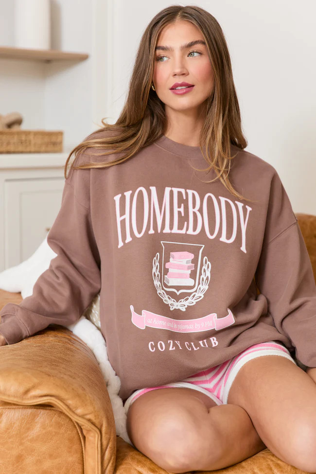 Homebody Cozy Club Mocha Graphic Sweatshirt | Pink Lily