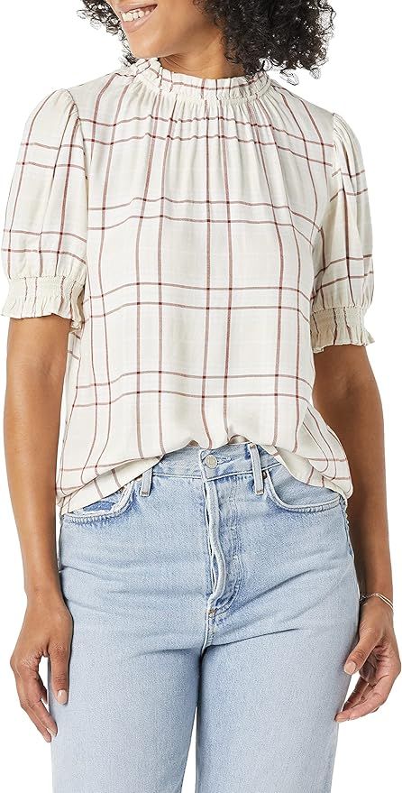 Amazon Essentials Women's Fluid Twill Short Puff Sleeve Smock Detail Shirt | Amazon (US)